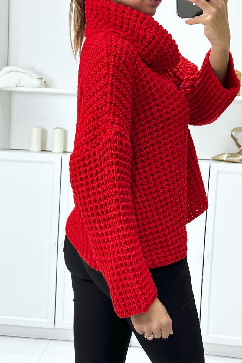 Red chunky knit sweater with falling turtleneck - 1