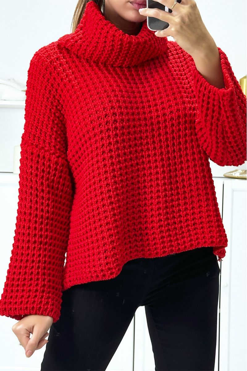 Red chunky knit sweater with falling turtleneck - 3