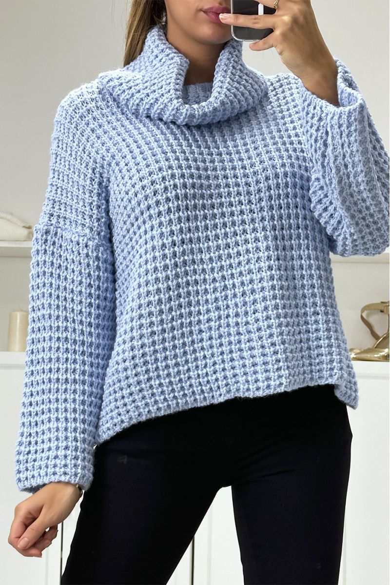 Blue chunky knit turtleneck jumper - 2