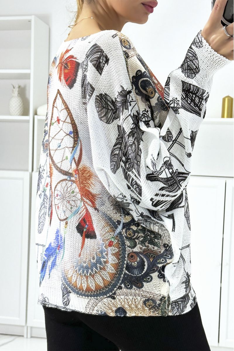 Lichtgewicht witte oversized trui met boothals en mooi trendy patroon - 4