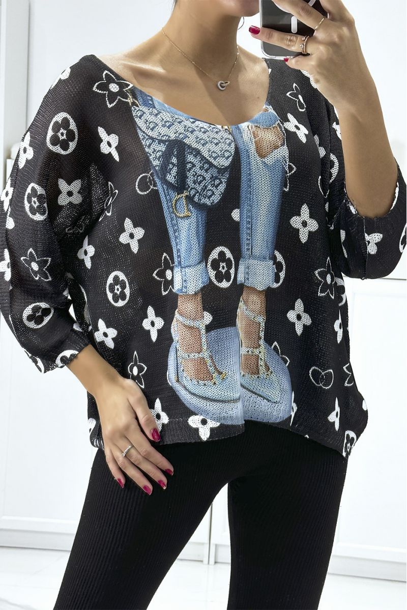 Light oversized black boat-neck sweater with pretty brand-inspired pattern - 1