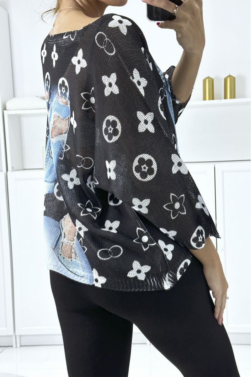 Light oversized black boat-neck sweater with pretty brand-inspired pattern - 3