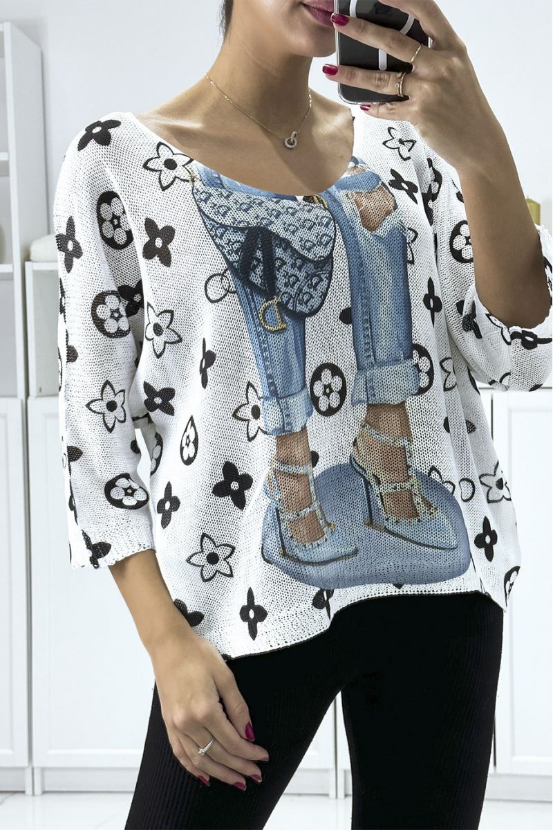 Light oversized white boat neck sweater with pretty brand-inspired pattern - 1