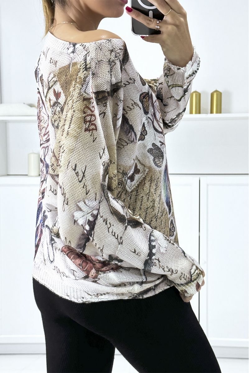 Light taupe boat neck sweater with pretty trendy pattern - 3