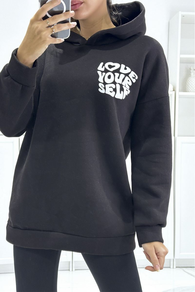 Oversized black hoodie of very thick quality with LOVE YOUR SELF writing - 1