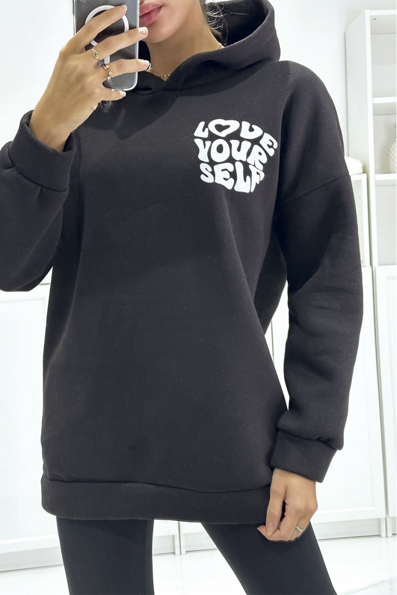 Oversized black hoodie of very thick quality with LOVE YOUR SELF writing - 2