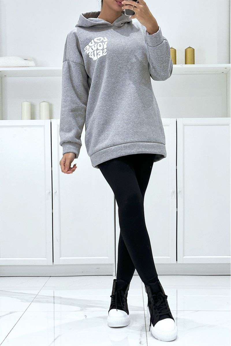 Oversized gray hoodie of very thick quality with LOVE YOUR SELF writing - 1