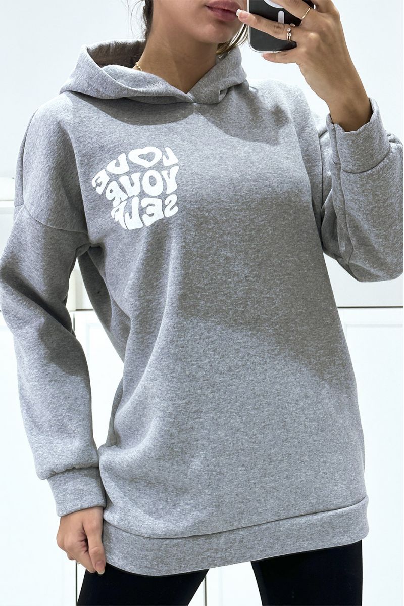 Oversized gray hoodie of very thick quality with LOVE YOUR SELF writing - 2