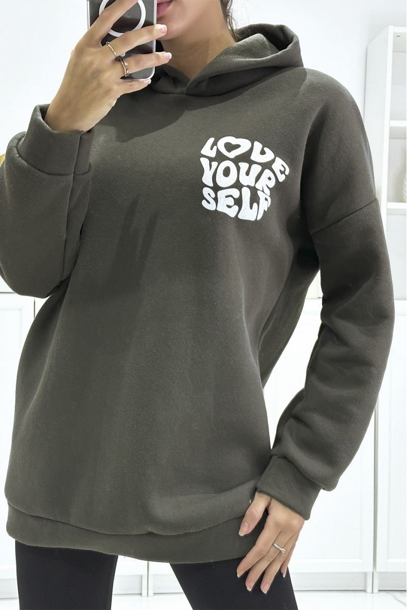 Oversized khaki hoodie of very thick quality with LOVE YOUR SELF writing - 2