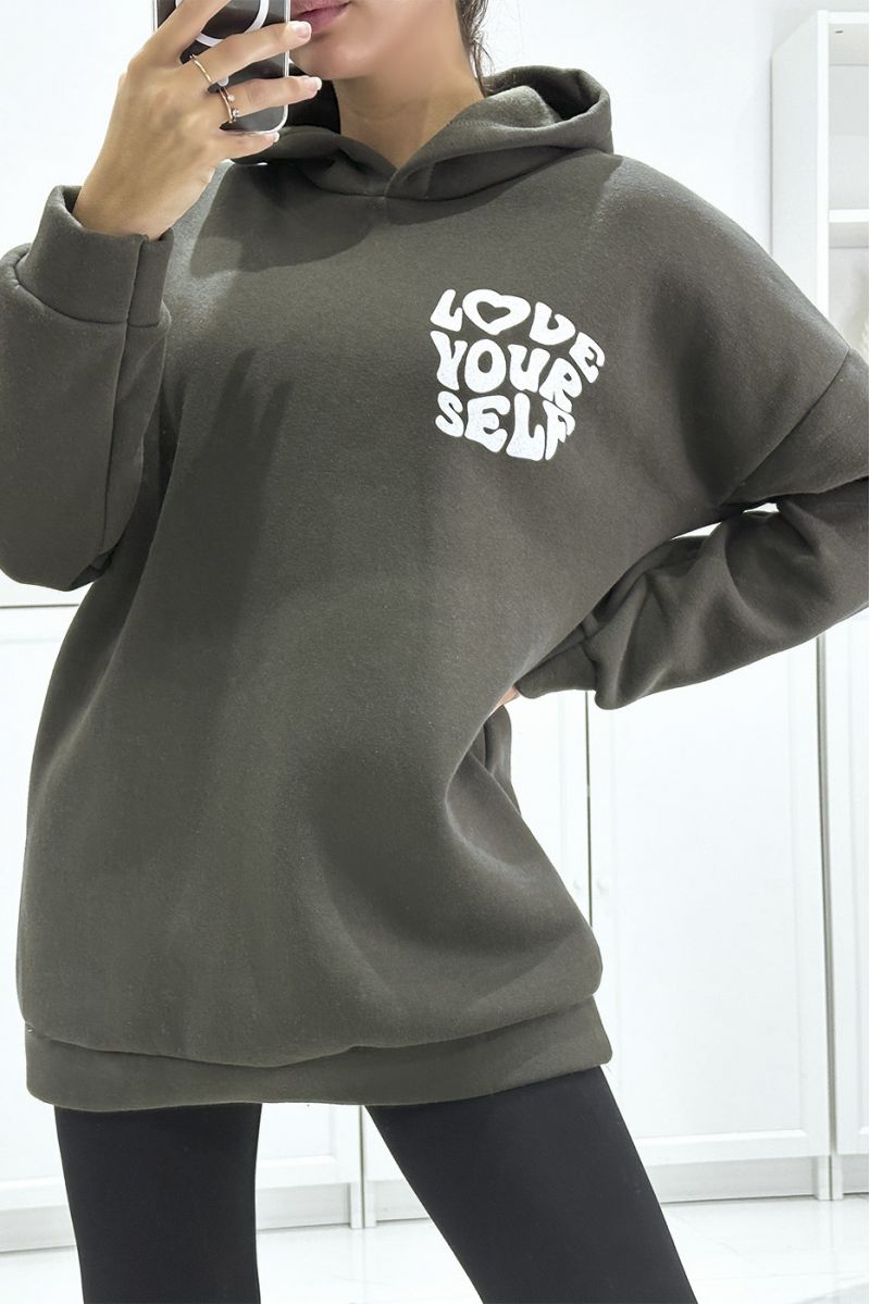Oversized khaki hoodie of very thick quality with LOVE YOUR SELF writing - 3