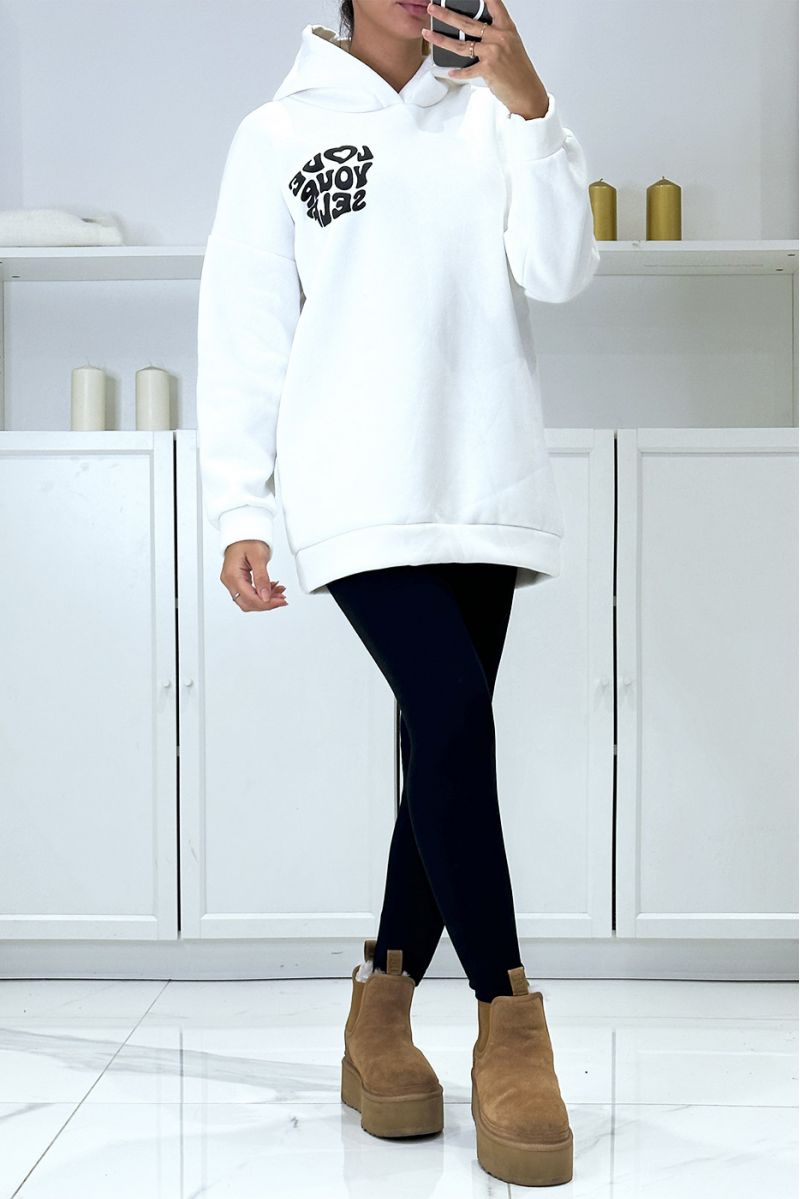 Oversized wit sweatshirt met capuchon van een mooie, zeer dikke kwaliteit met opschrift LOVE YOUR SELF - 1