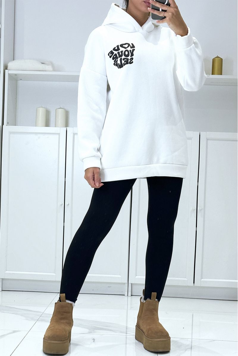 Oversized white hooded sweatshirt of a beautiful, very thick quality with LOVE YOUR SELF writing - 2