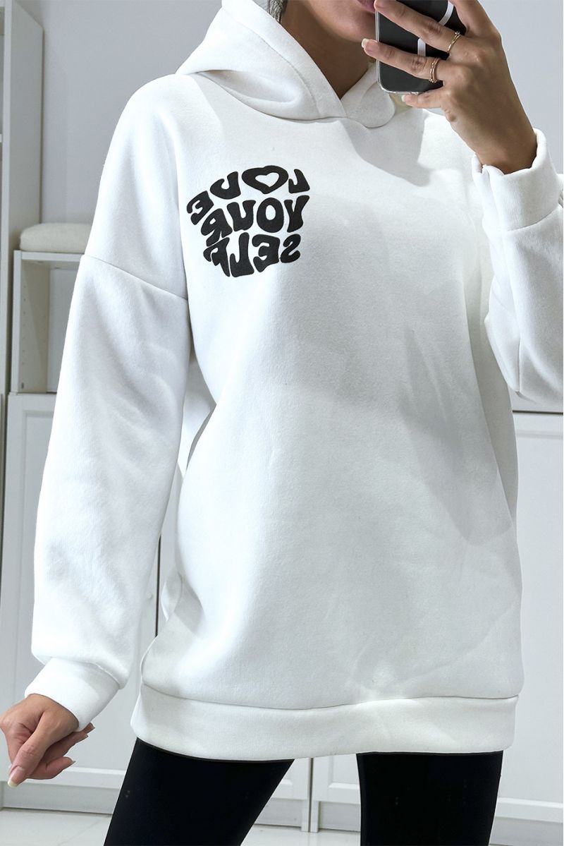 Oversized wit sweatshirt met capuchon van een mooie, zeer dikke kwaliteit met opschrift LOVE YOUR SELF - 3