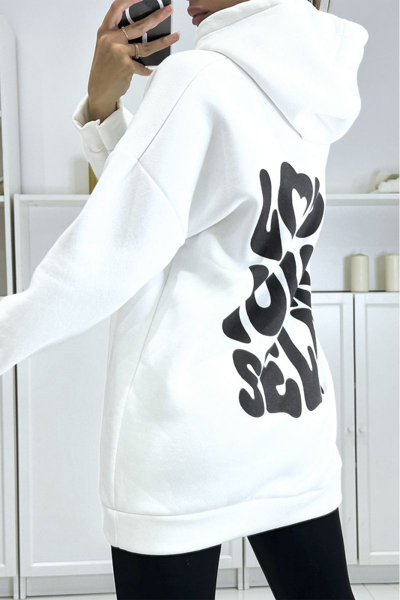 Oversized wit sweatshirt met capuchon van een mooie, zeer dikke kwaliteit met opschrift LOVE YOUR SELF - 4