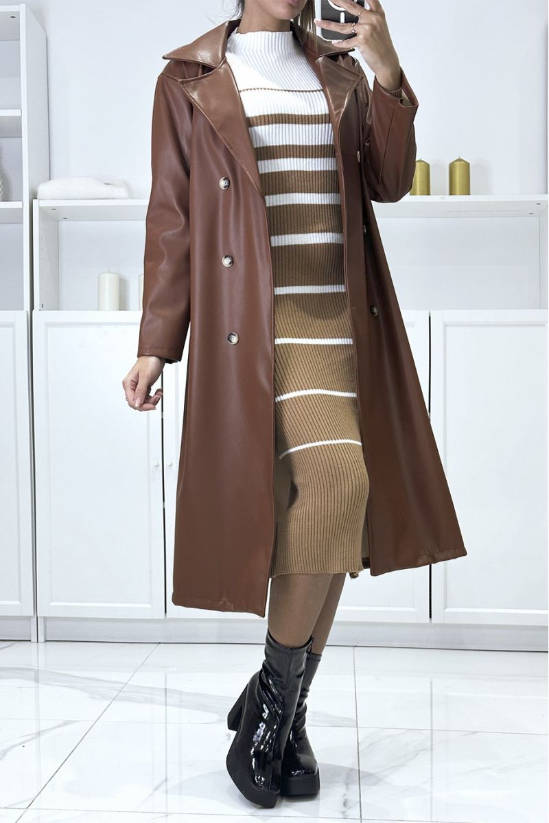Long faux camel trench coat with pockets and ZA-inspired button - 1