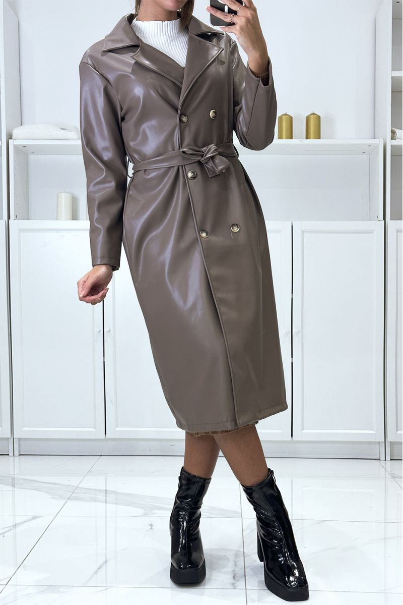 Long faux taupe trench jacket with pockets and ZA-inspired button - 2