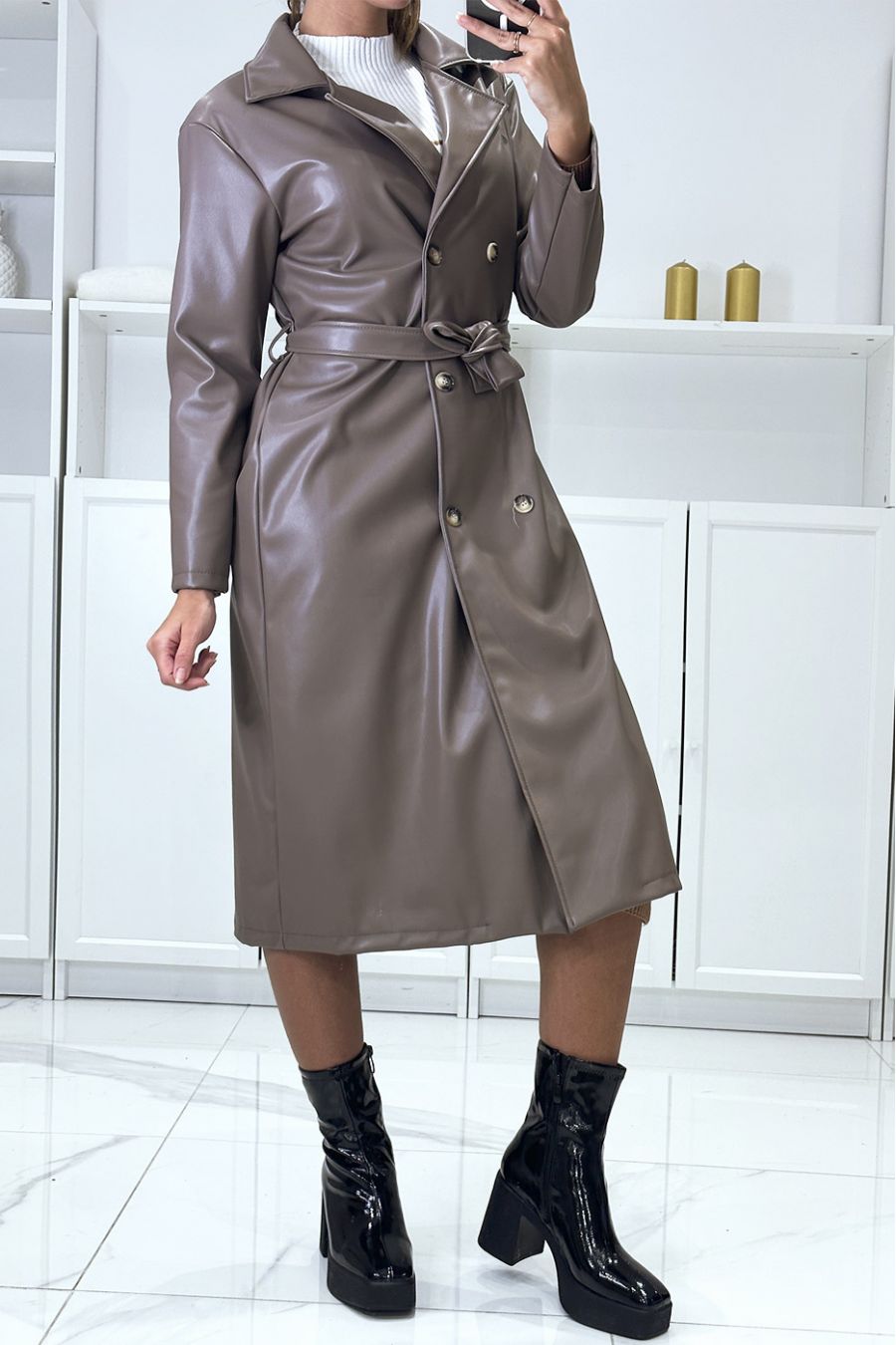 Lange faux taupe trenchcoat met zakken en ZA-geïnspireerde knoop - 3