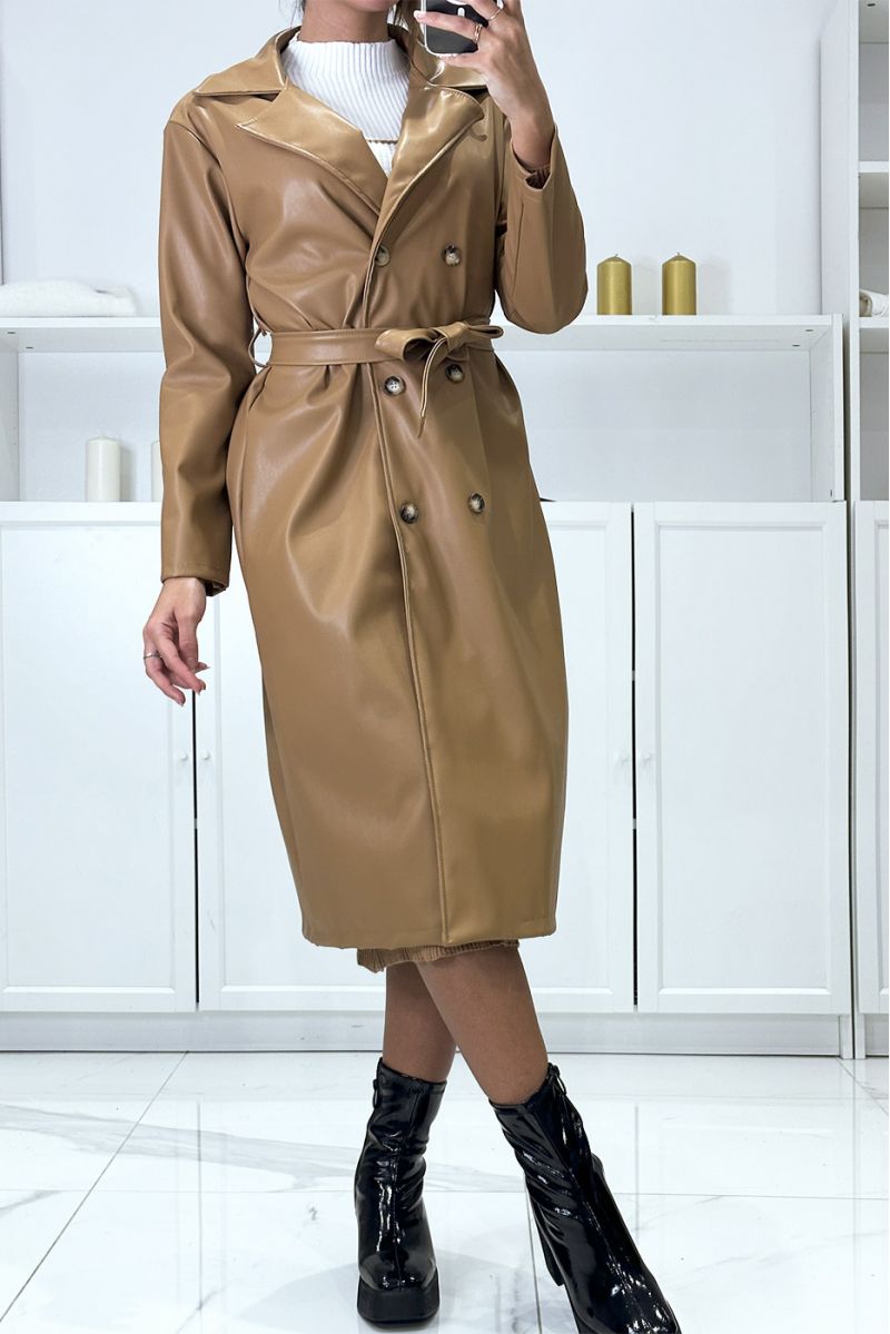 Long trench jacket in beige faux leather with pockets and ZA-inspired button - 4