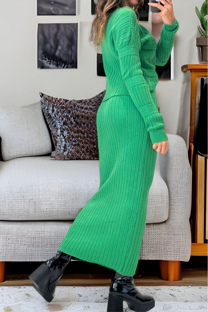 ZA-geïnspireerde groene set trui en rok in zeer zacht en zeer rekbaar breisel - 1