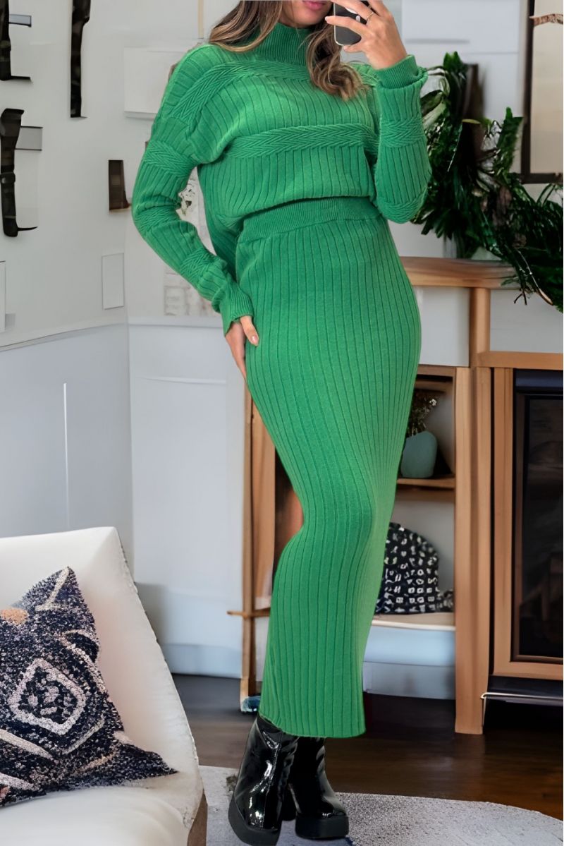 ZA-geïnspireerde groene set trui en rok in zeer zacht en zeer rekbaar breisel - 2