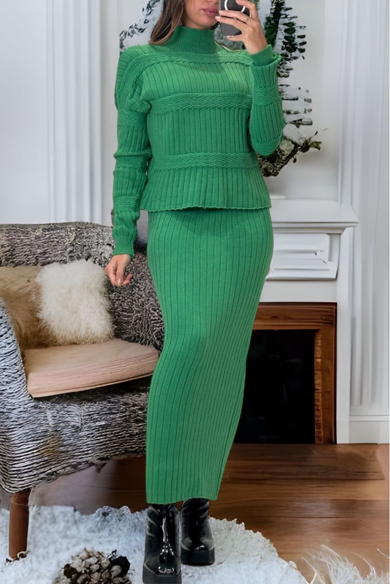 ZA-geïnspireerde groene set trui en rok in zeer zacht en zeer rekbaar breisel - 4
