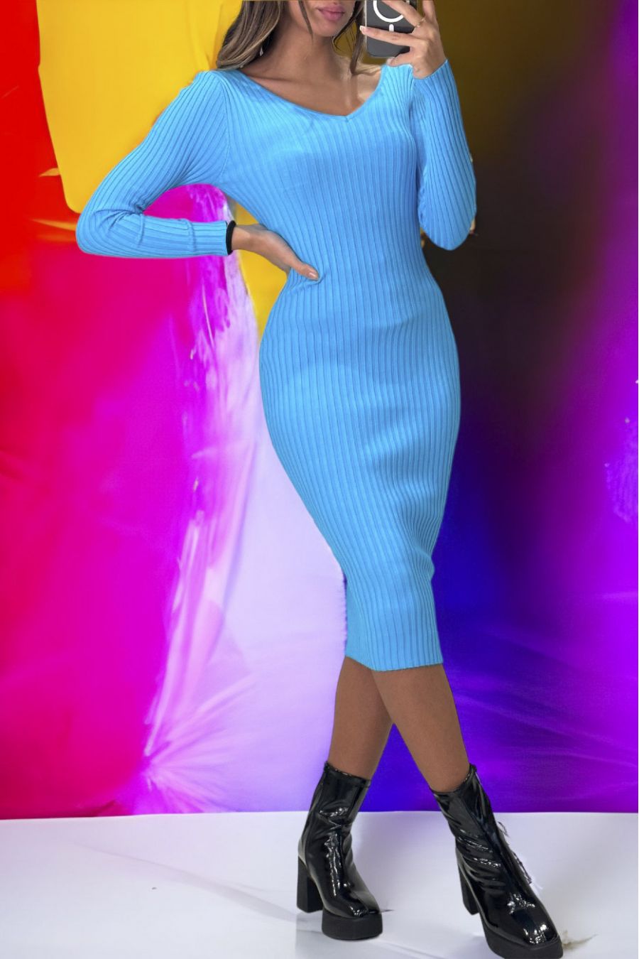 Robe turquoise en maille côtelé très extensible  - 3