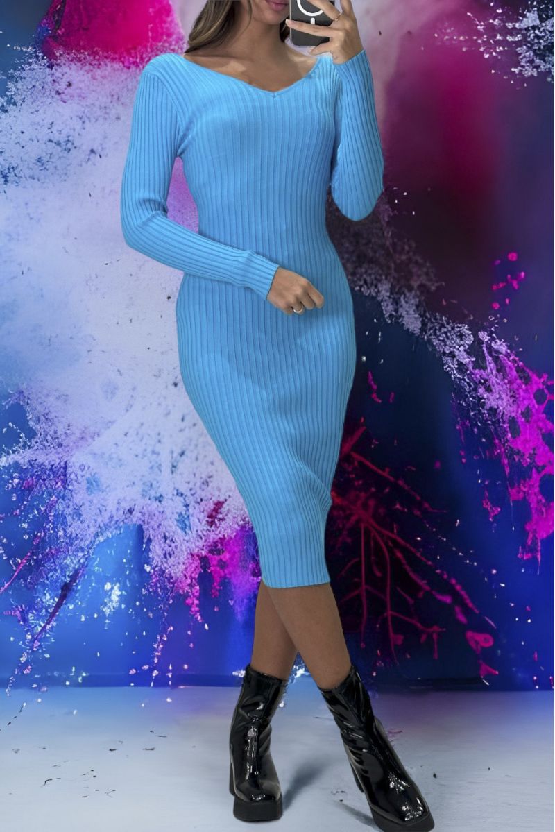 Turquoise zeer rekbare ribgebreide jurk - 4