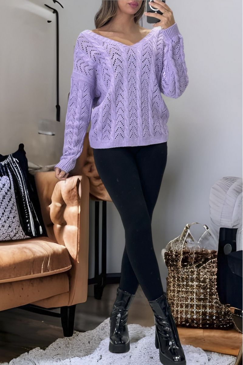 Lilac sweater crossed at the back with a pretty weave - 2