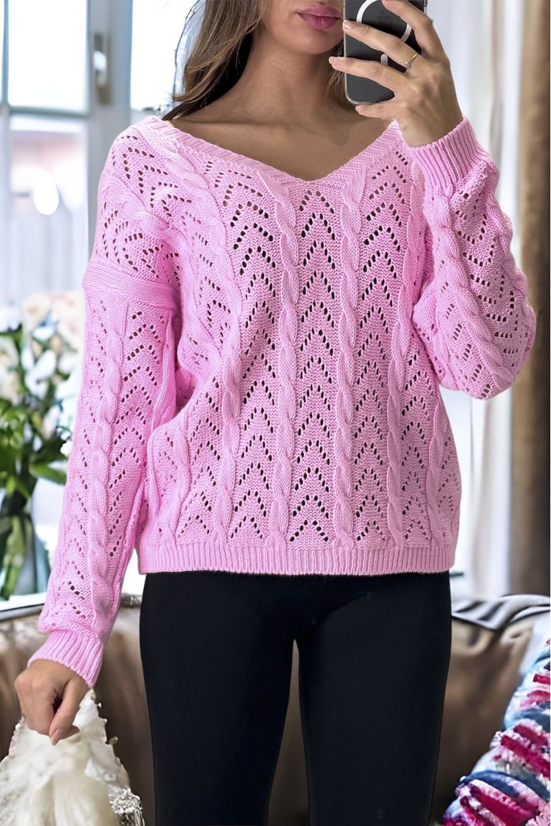 Pink sweater crossed at the back with a pretty weave - 2