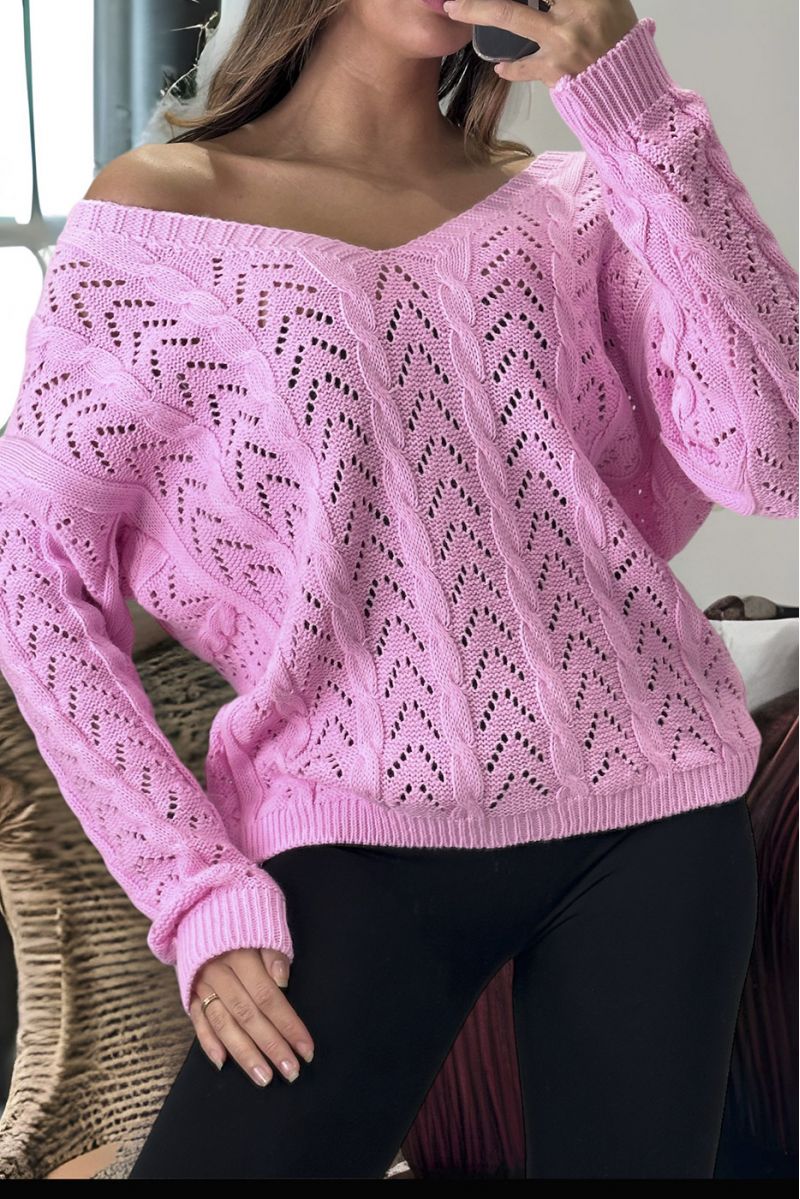 Pink sweater crossed at the back with a pretty weave - 3