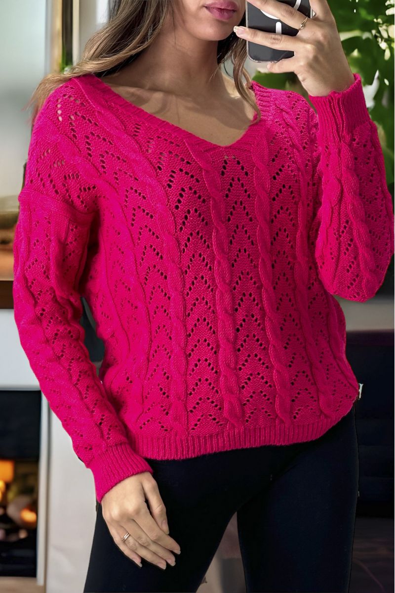 Fuchsia sweater crossed at the back with a pretty weave - 2