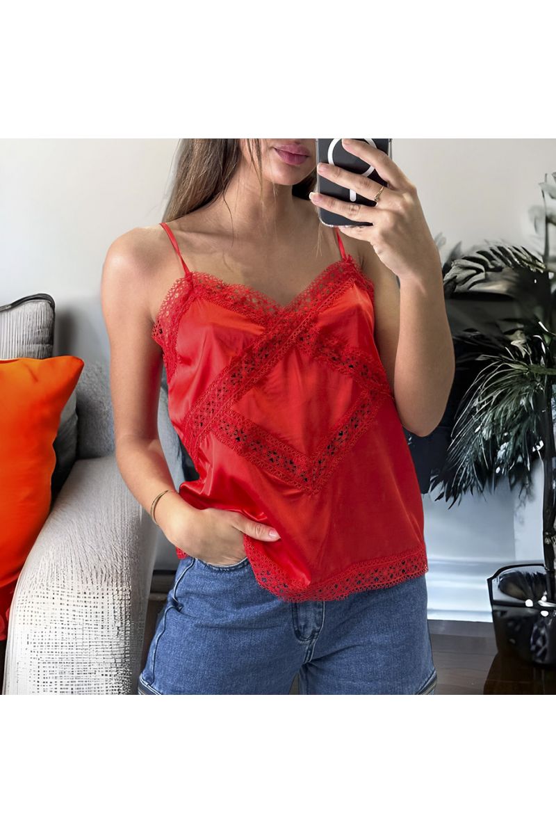 Red satin tank top with lace - 1