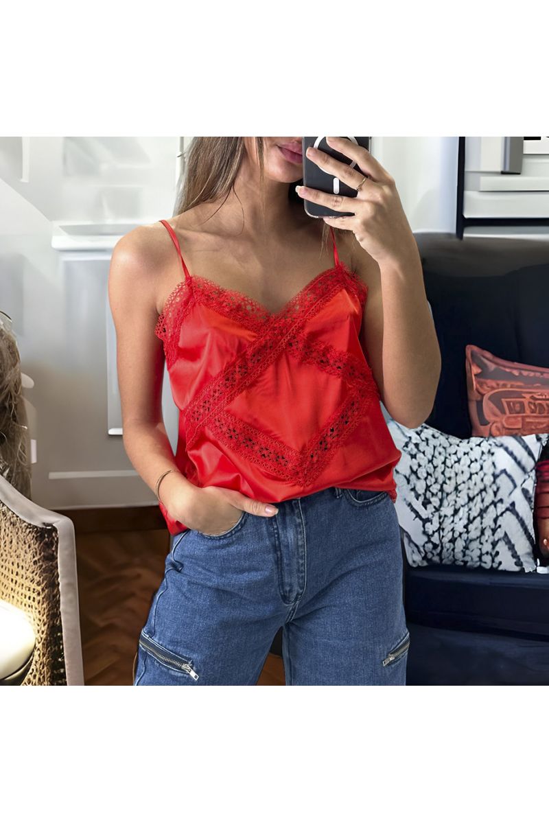 Red satin tank top with lace - 2