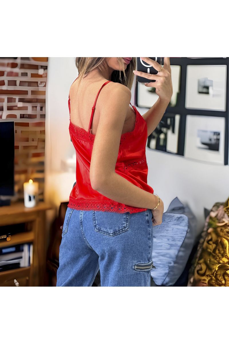 Red satin tank top with lace - 3