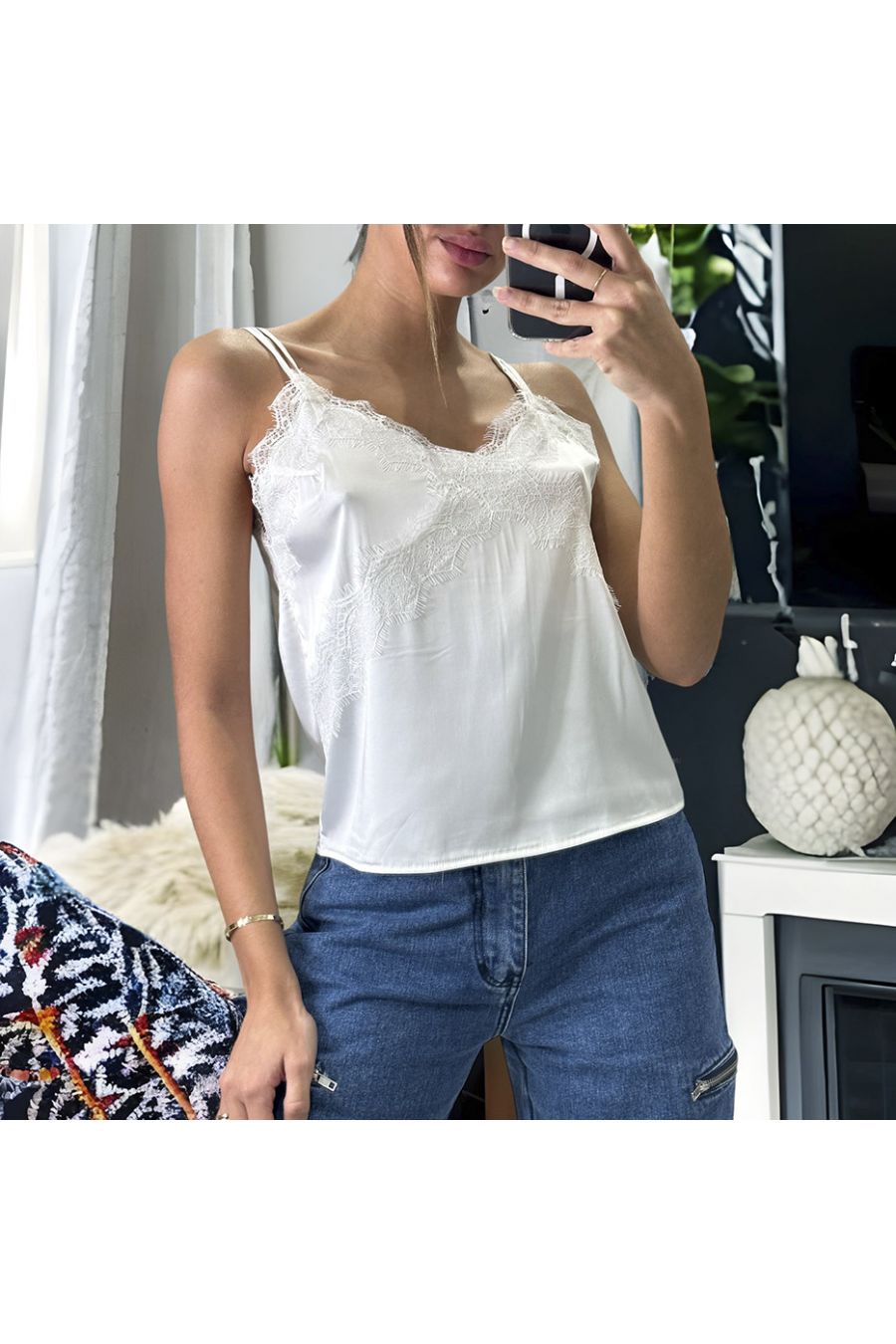 Witte satijnen tanktop met kant - 2