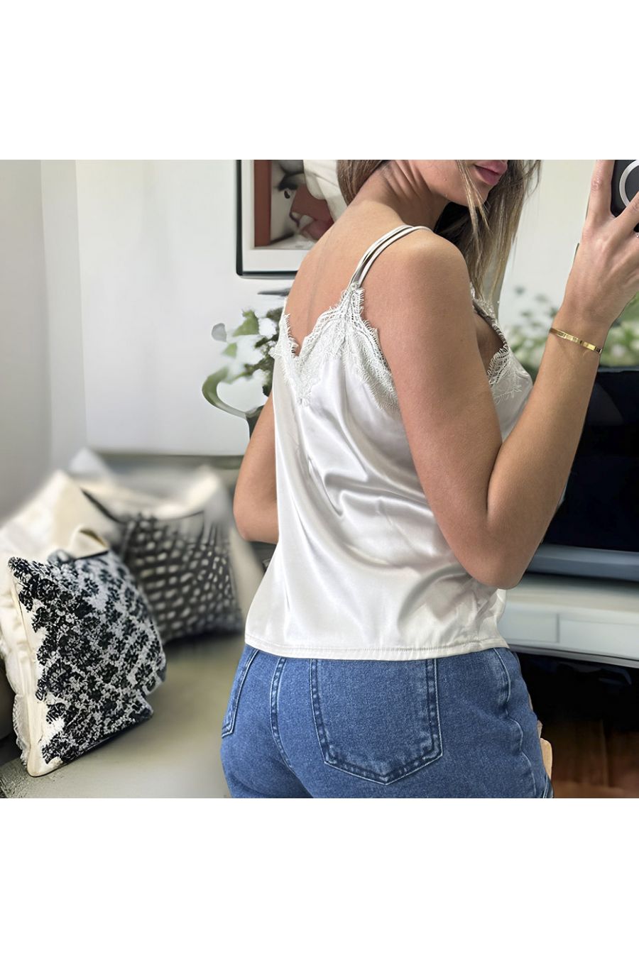 Beige satin tank top with lace - 2