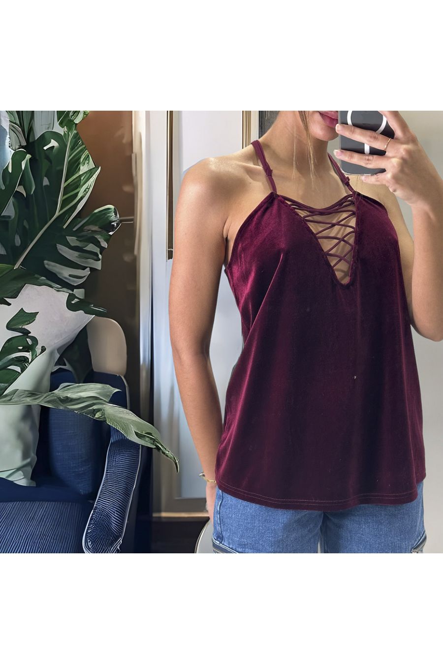 Bourgondische peachskin tanktop met kant - 1