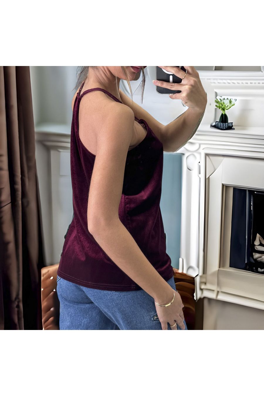 Burgundy peachskin tank top with lace - 2