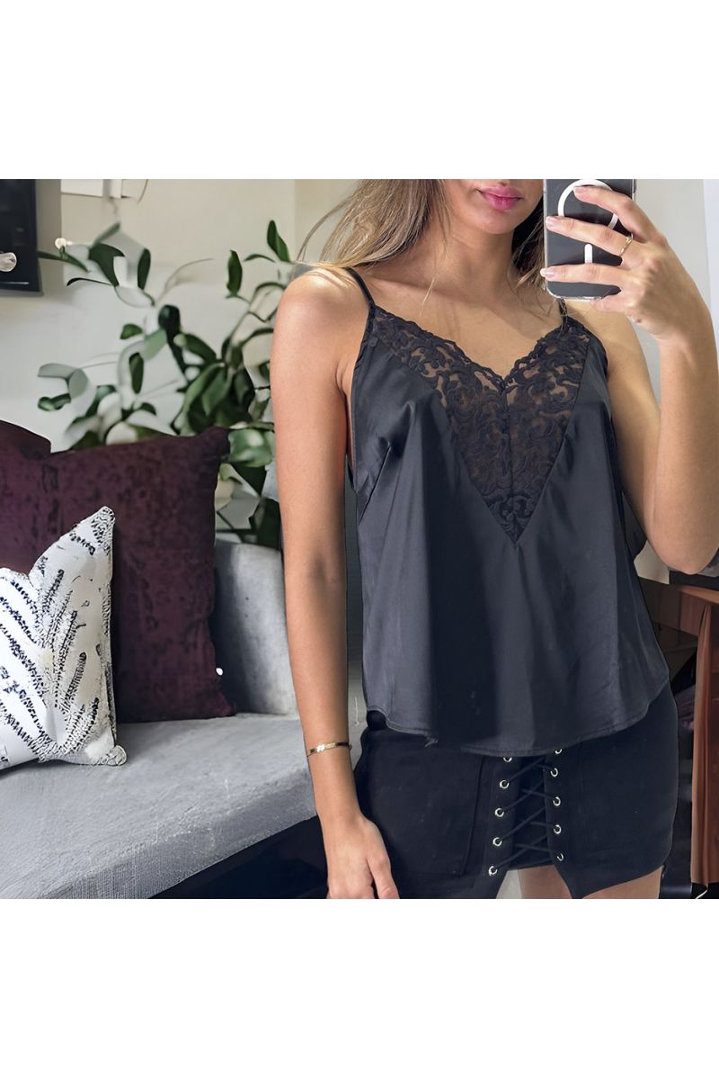 Black satin tank top with lace - 1