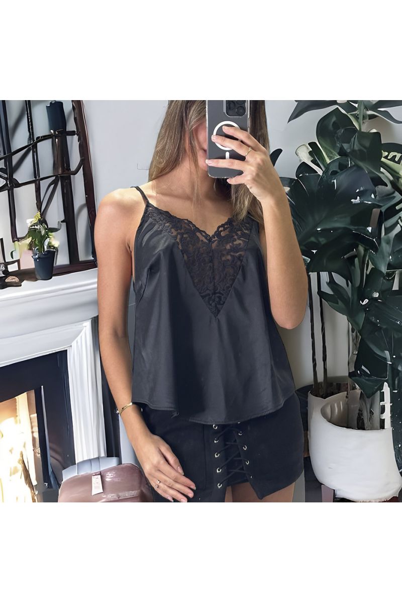 Black satin tank top with lace - 2