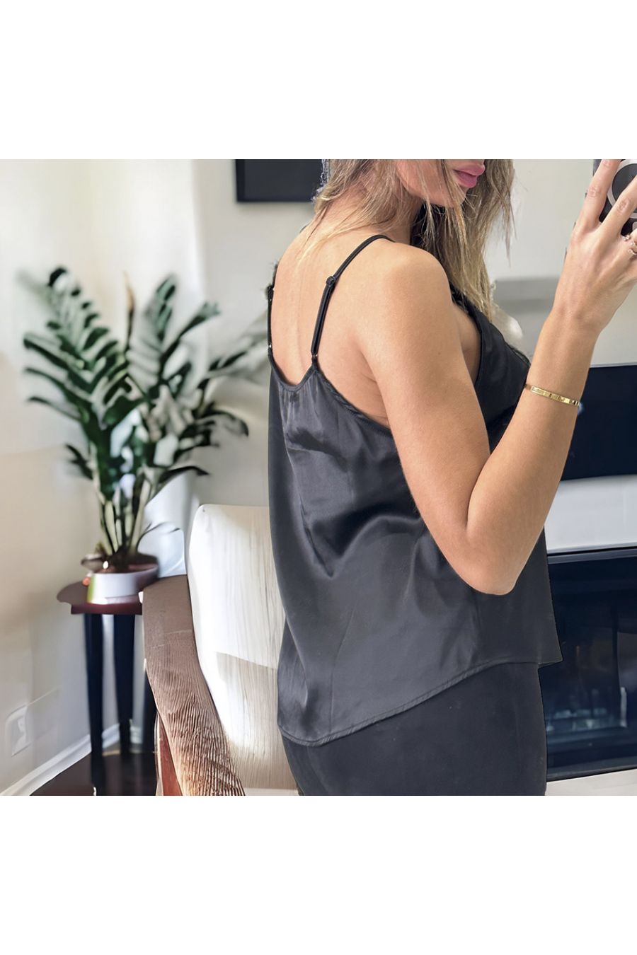 Black satin tank top with lace - 3