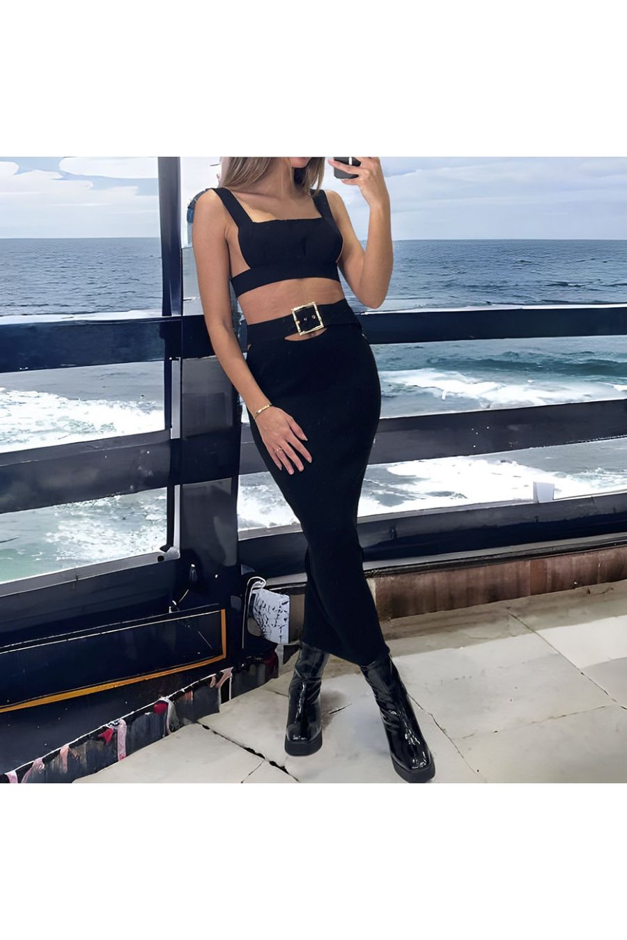 Ensemble débardeur et jupe noir avec accessoire ceinture intégré  - 3