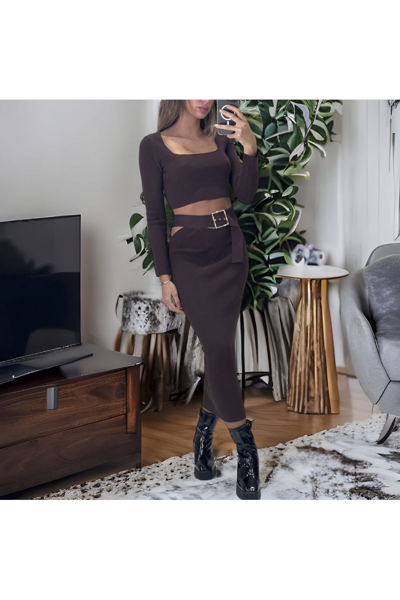 Brown top and skirt set with integrated belt accessory - 1