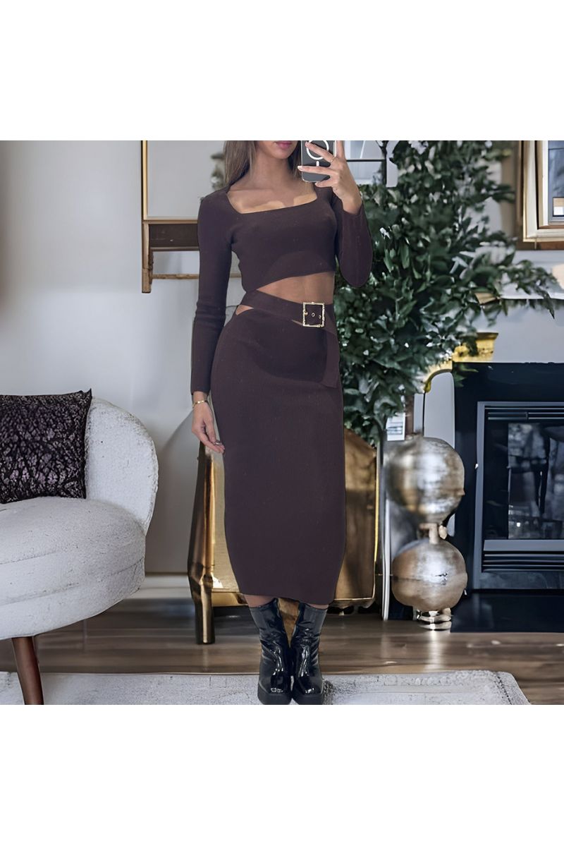 Brown top and skirt set with integrated belt accessory - 2