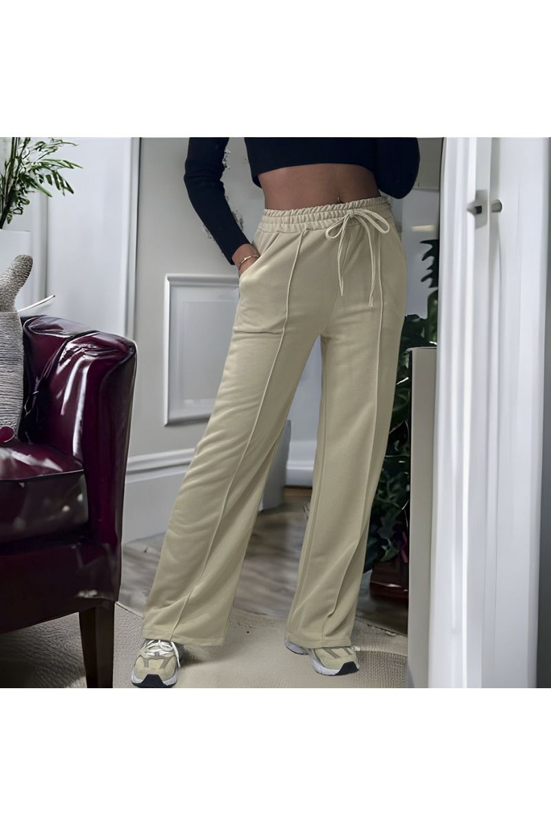 Pantalon palazzo beige avec poches et ceinture  - 1