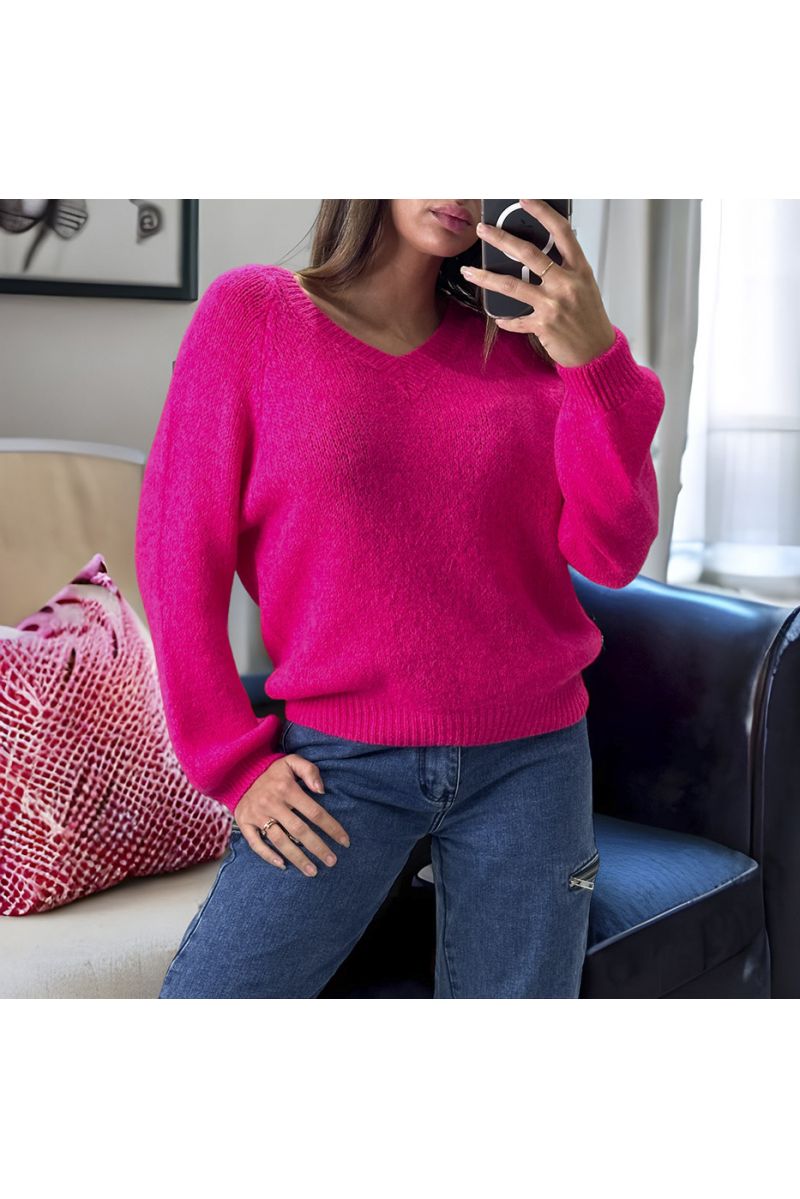 Fuchsia sweater made of wool and mohair with V-neck - 1