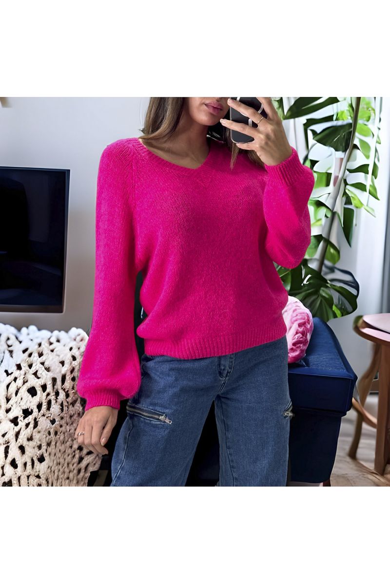 Fuchsia sweater made of wool and mohair with V-neck - 2