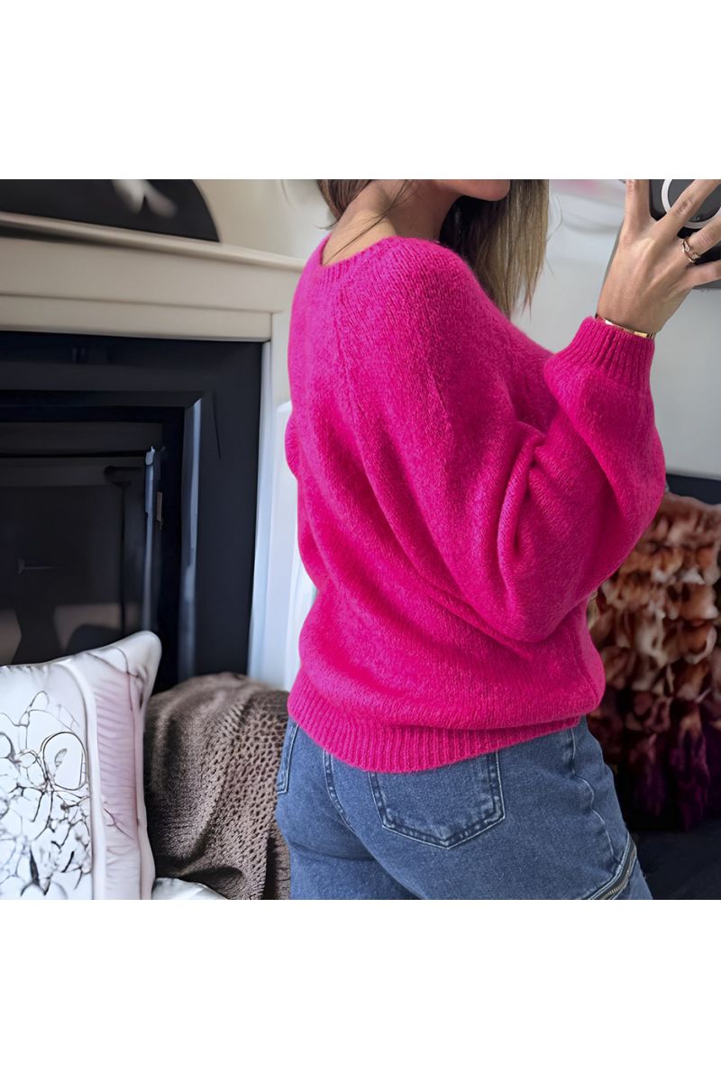 Fuchsia sweater made of wool and mohair with V-neck - 3