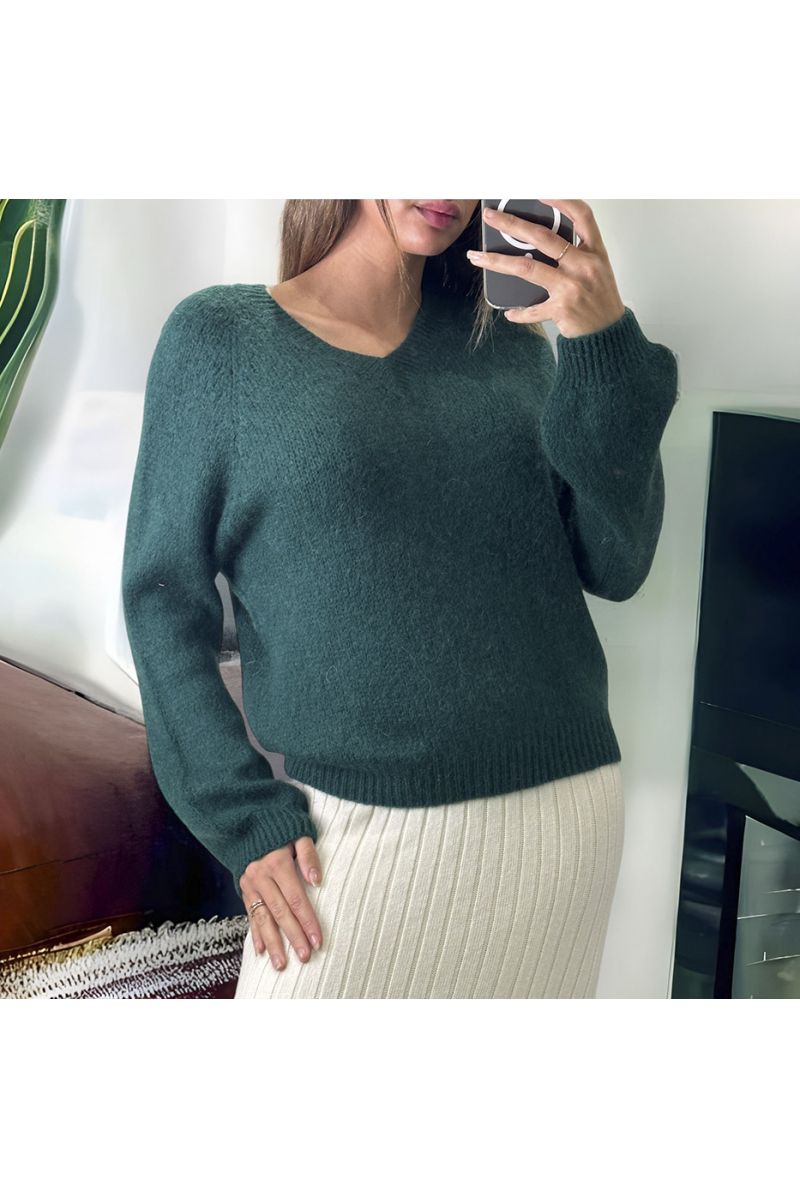 Dark green sweater made of wool and mohair in V-neck - 1