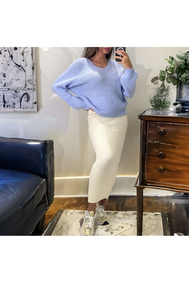 Pull bleu composé de laine et de mohair en col V - 3
